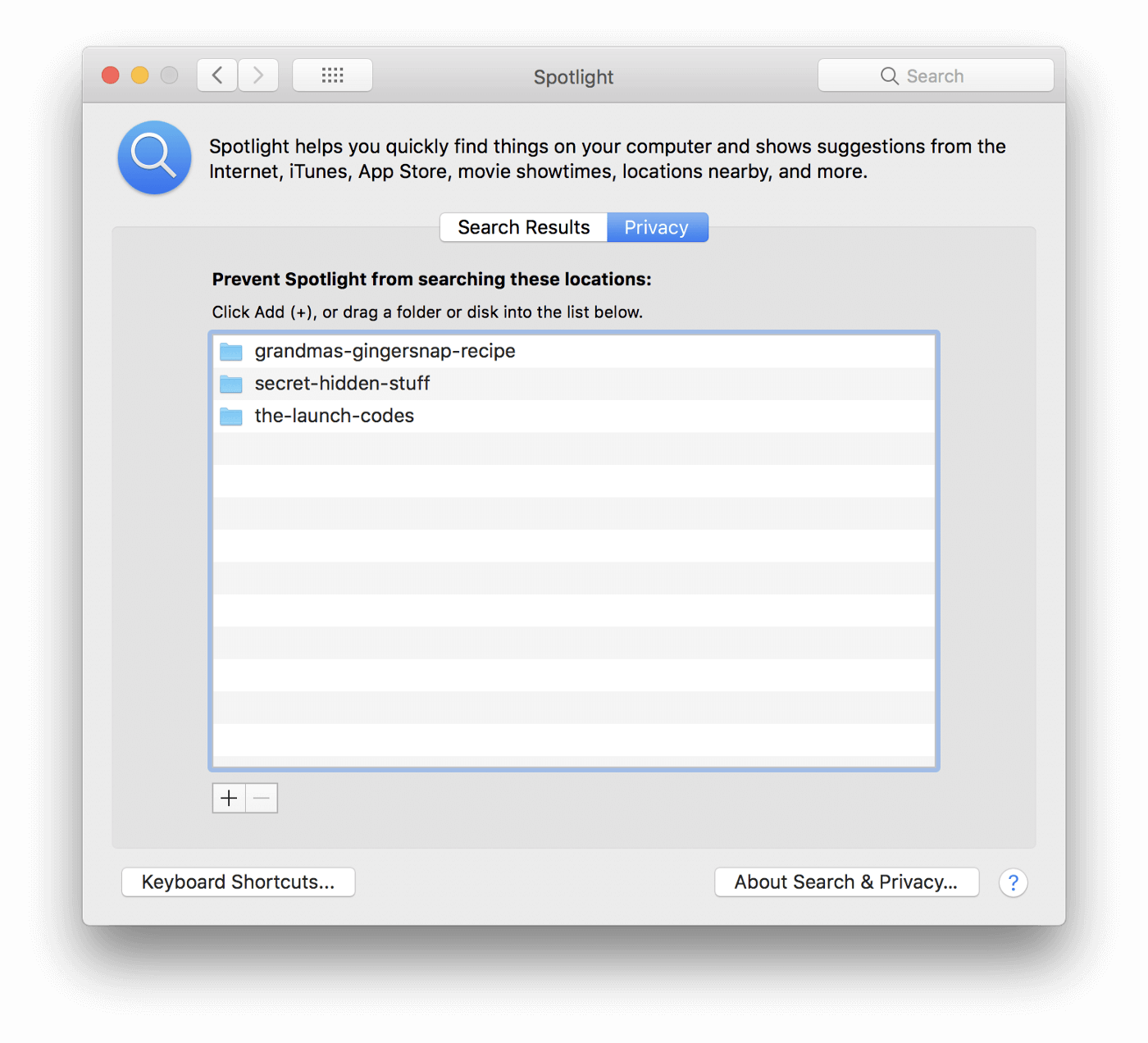 A screenshot spotlight search privacy settings. A screenshot spotlight search privacy settings.