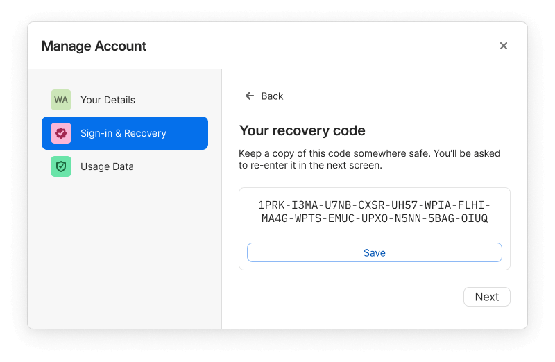 The Sign-in and Recovery screen in the 1Password app . The Sign-in and Recovery screen in the 1Password app .