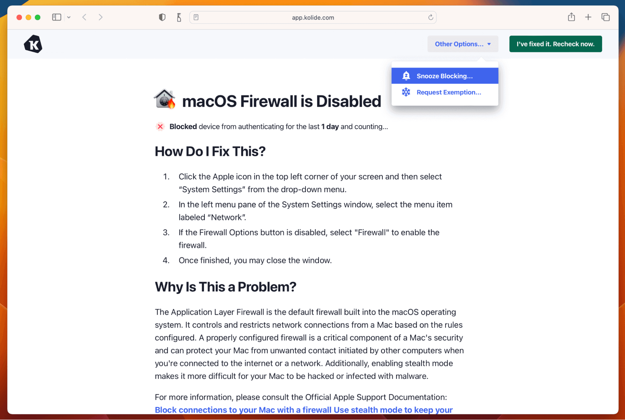 A screenshot of macOS firewall is disabled remediation instructions. A screenshot of macOS firewall is disabled remediation instructions.